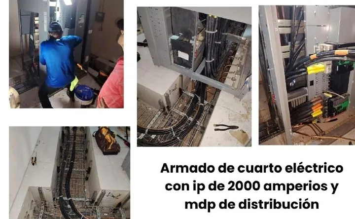 Armado de cuarto eléctrico con interruptor principal de 2000 amperios y tablero de distribución